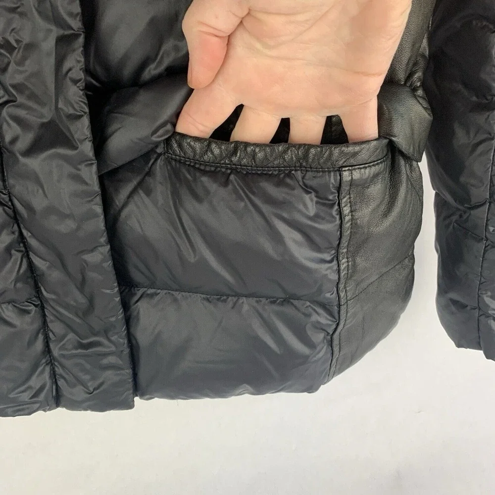 Womens Down Puffer Jacket Size Small Nylon Leather Hooded Black Chic Minimalist